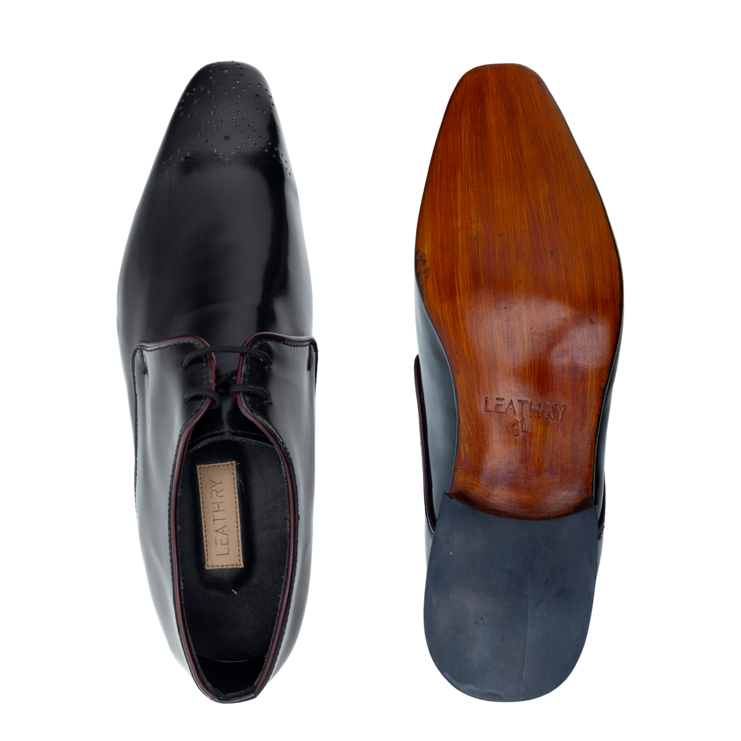 Black leather shoe with wooden sole on a white background