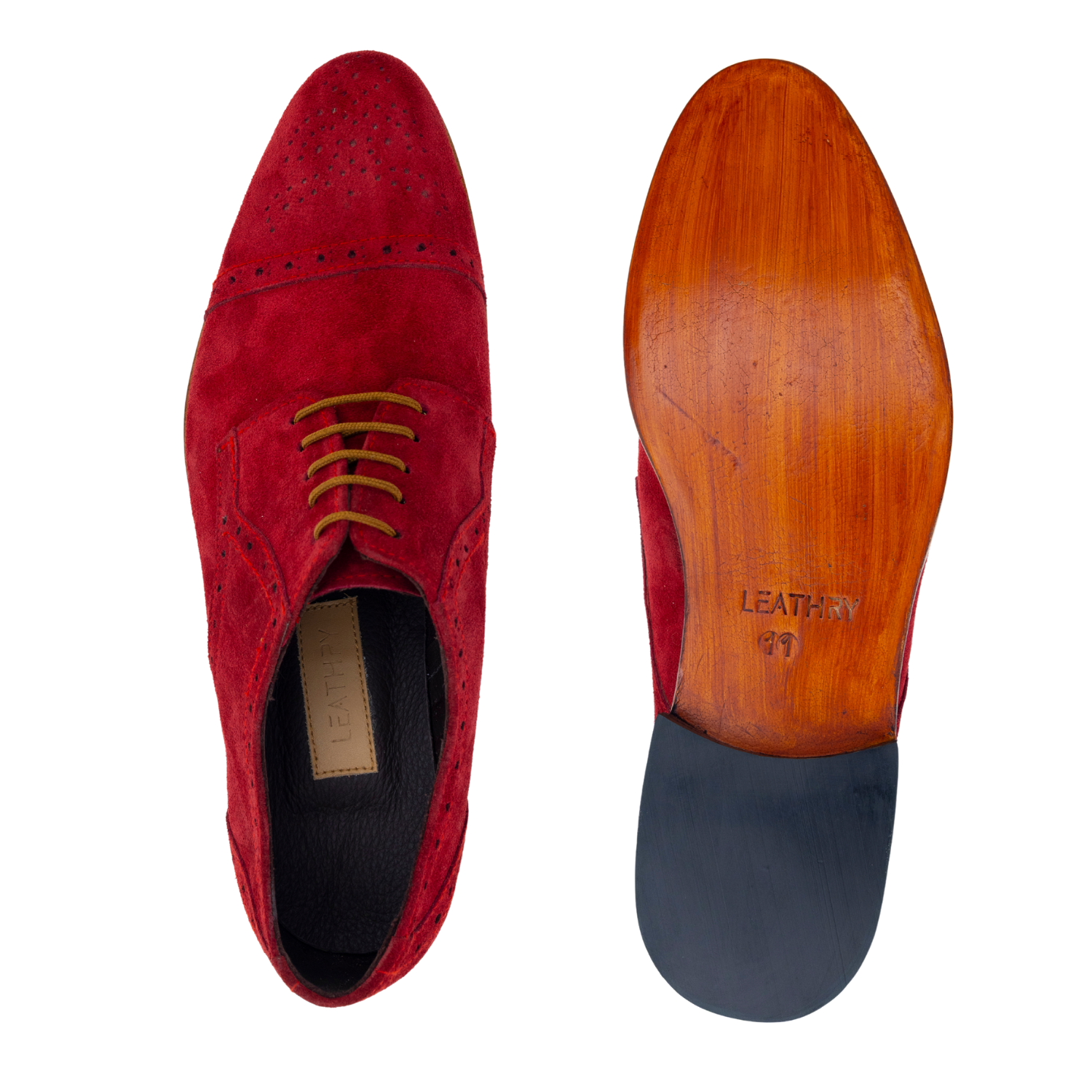 Red suede shoe with wooden sole on a white background