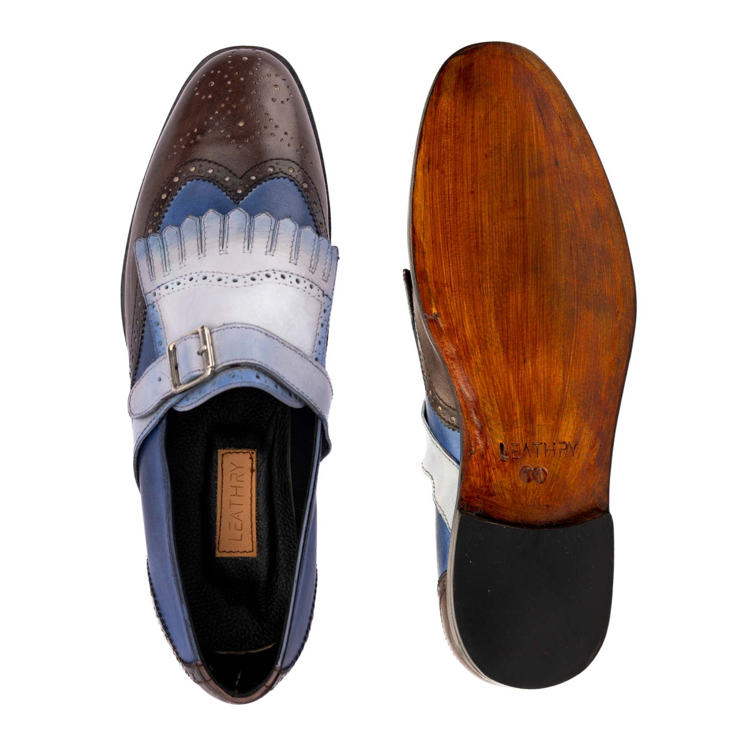 Men's dress shoe with wooden sole on a white background