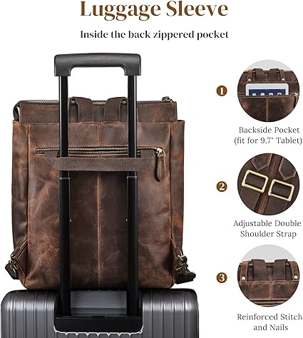 Brown leather luggage sleeve with features highlighted on a white background