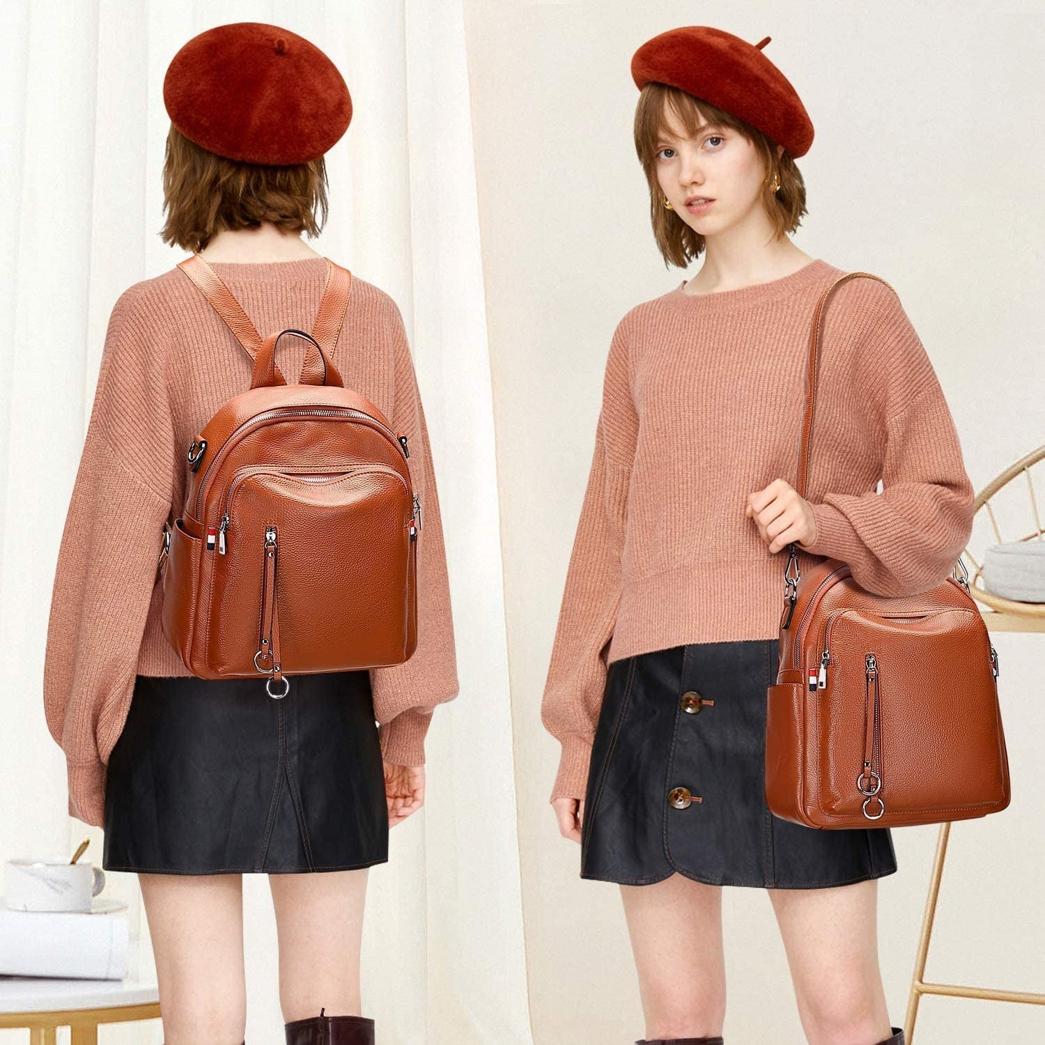 Woman wearing a brown sweater and black skirt with a brown leather backpack and handbag.