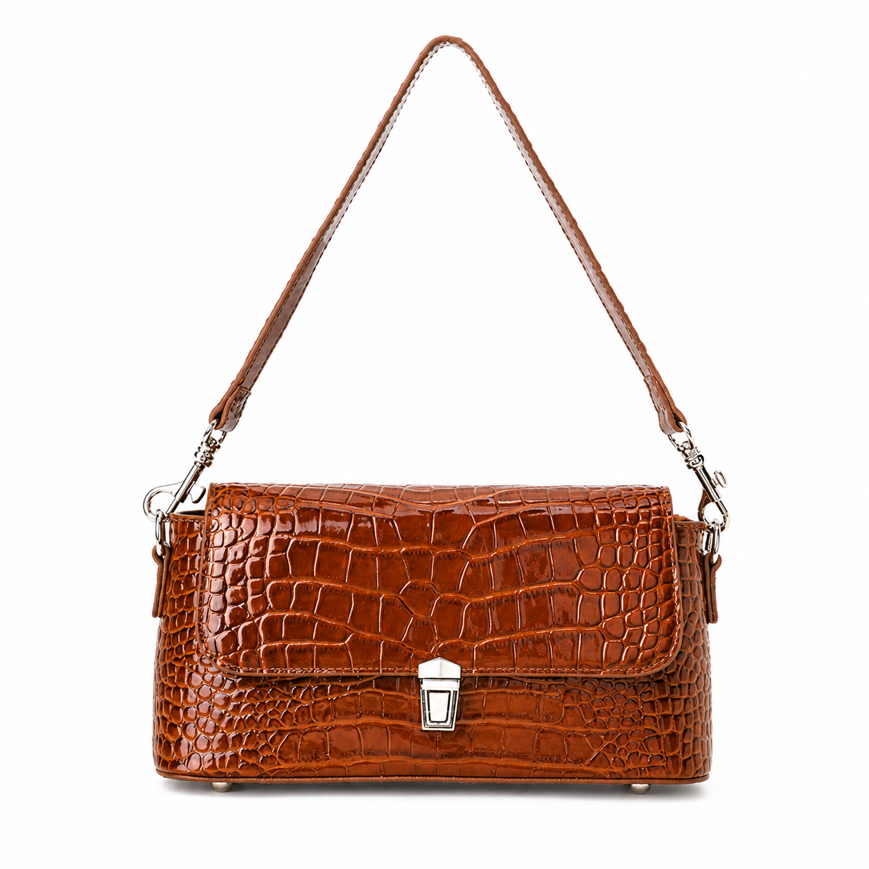 A brown crocodile-embossed leather shoulder bag with a silver-tone turn-lock clasp and a matching leather shoulder strap, shown against a plain white background.