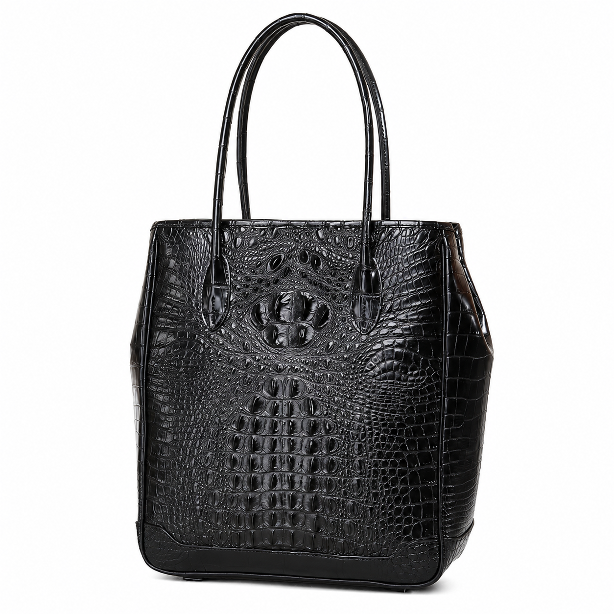 A black crocodile-embossed leather tote bag with dual top handles, photographed against a plain white background.