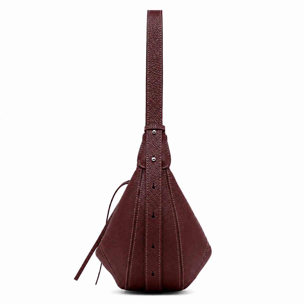A dark burgundy pebbled leather shoulder bag with a single strap and a tassel detail, shown against a plain white background.