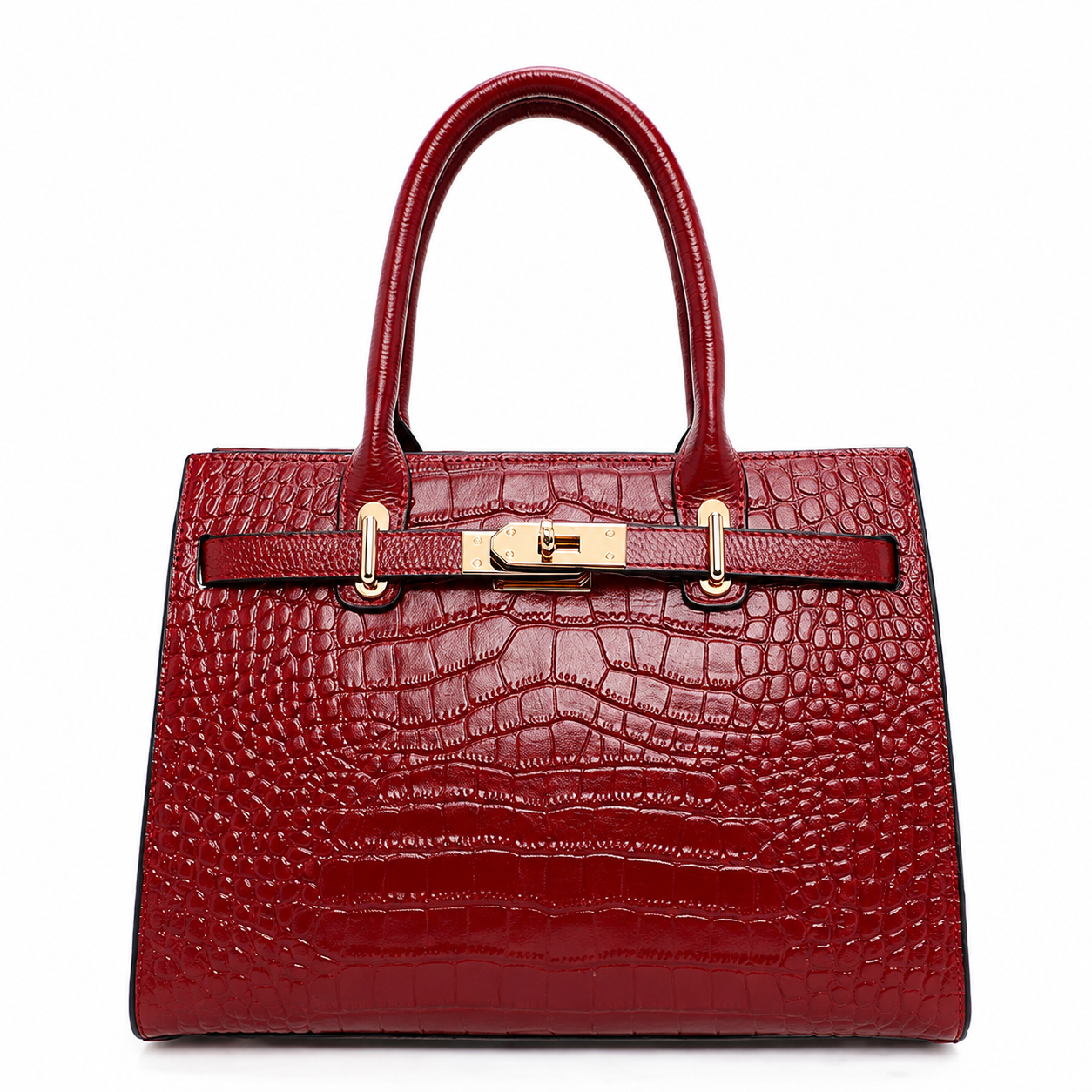 A structured red crocodile-embossed leather handbag with dual top handles and a gold-tone turn-lock closure on a white background.