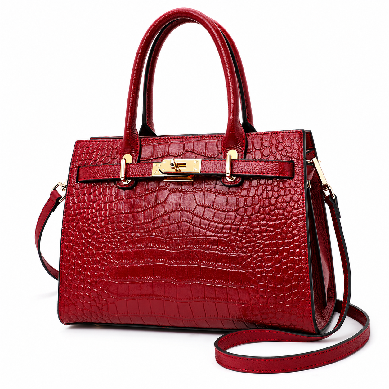 A structured red crocodile-embossed leather handbag with double top handles, a front strap closure, and gold-tone hardware, shown on a clean white background.