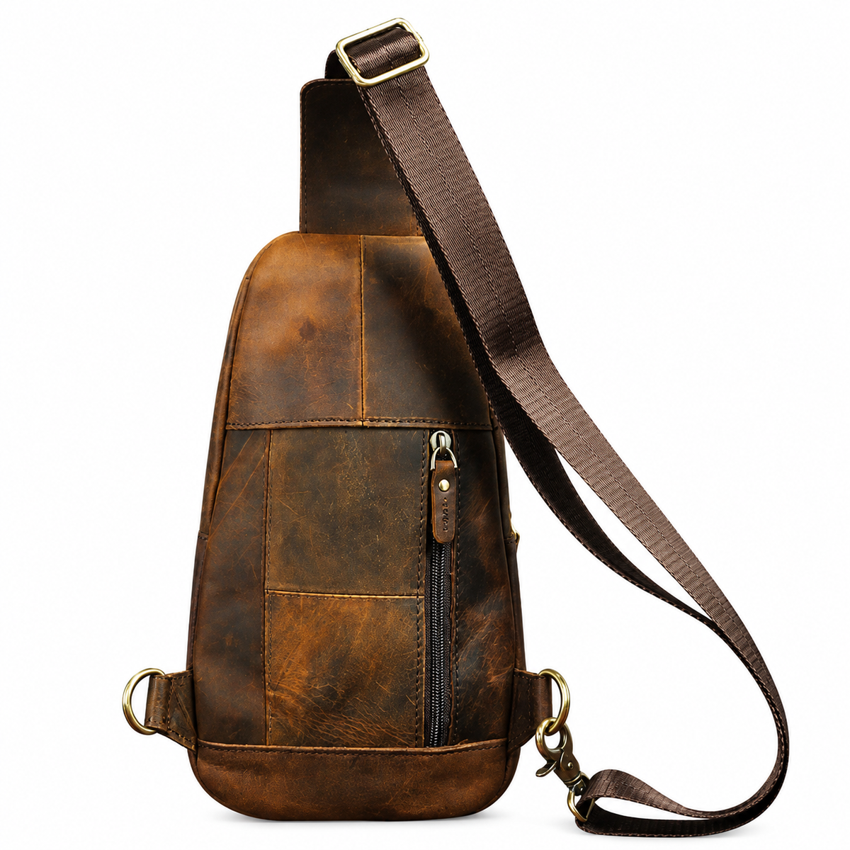 A brown distressed leather sling bag with a wide adjustable shoulder strap, a front zippered pocket, and brass-tone hardware, shown on a plain white background.