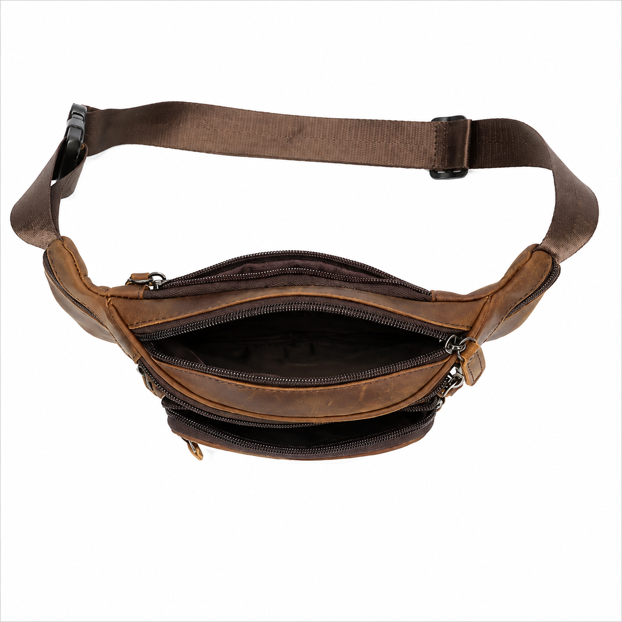 A brown leather fanny pack with an adjustable strap, shown open to display its interior compartments against a plain white background.