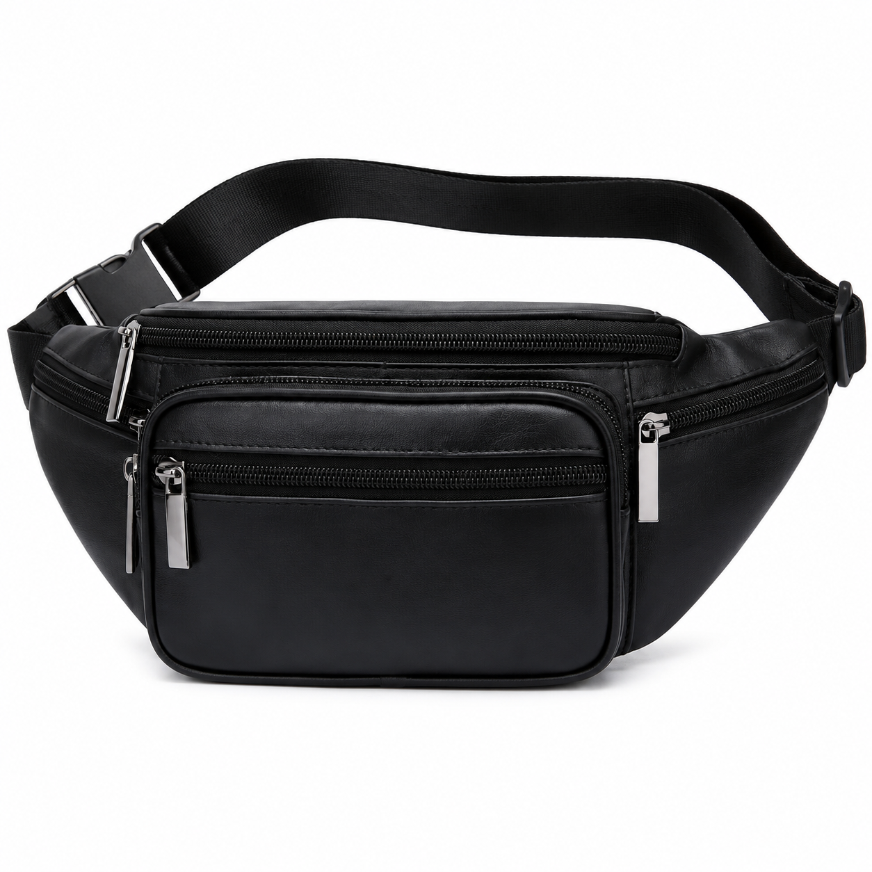 A black faux-leather fanny pack with multiple zippered compartments and an adjustable webbing strap, shown against a plain white background.