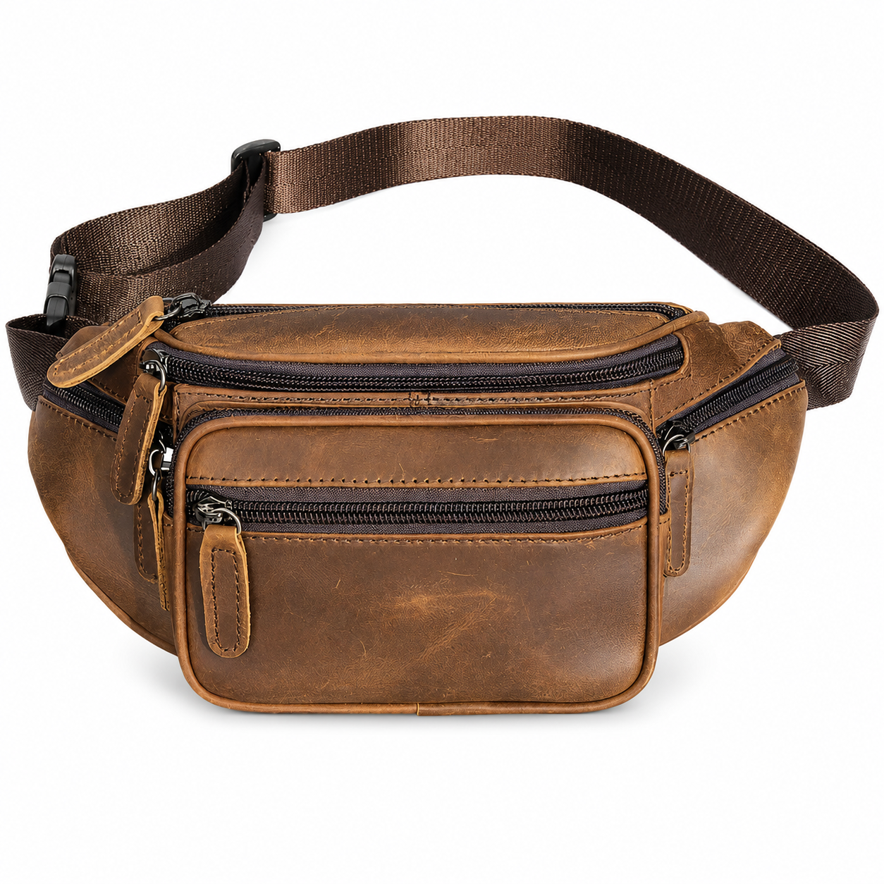 A brown distressed leather fanny pack with multiple zippered compartments and an adjustable webbing strap, shown against a plain white background.