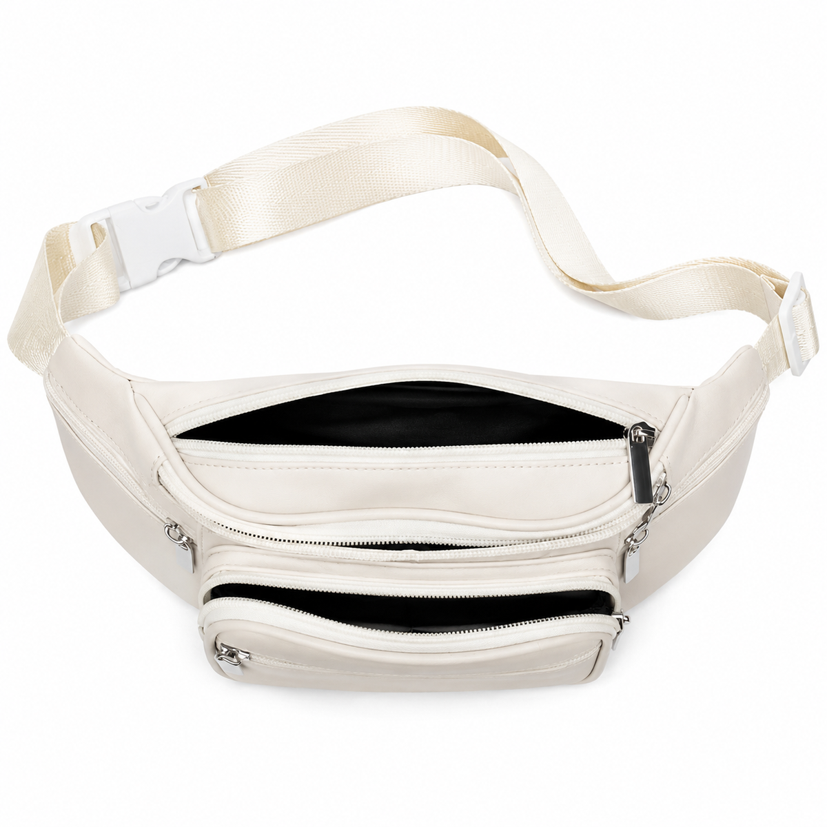 An off-white fanny pack with multiple zippered compartments and an adjustable webbing strap, shown open against a plain white background.