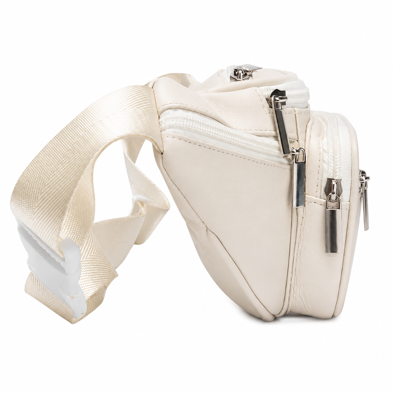 An off-white faux leather fanny pack with multiple zippered compartments and a wide adjustable webbing strap, shown on a solid white background.