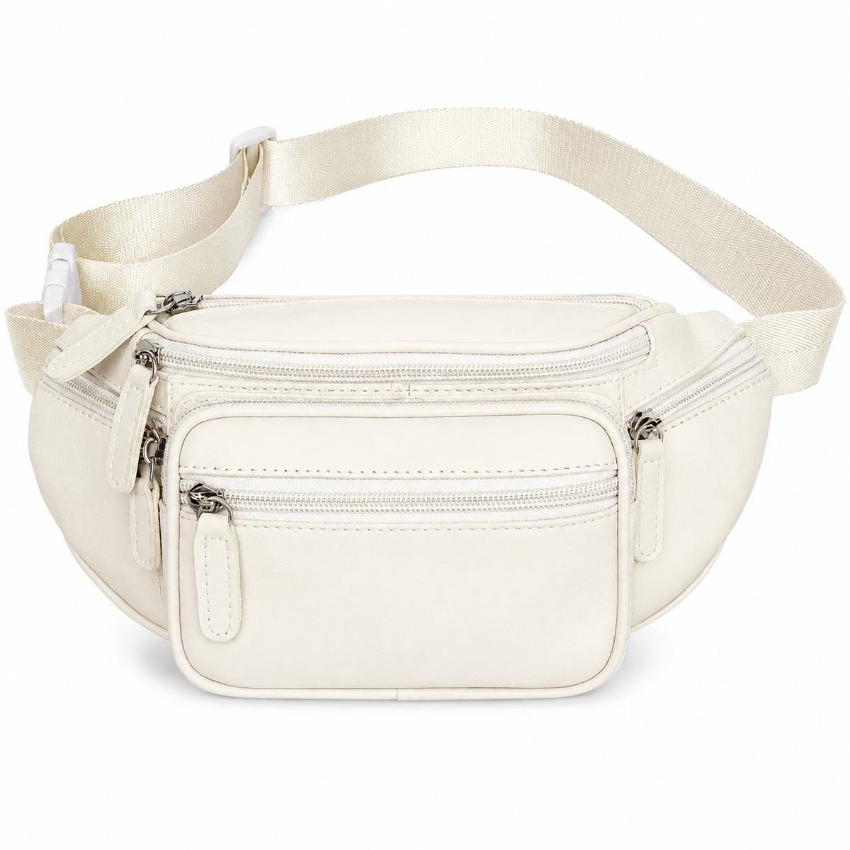 An off-white faux leather fanny pack with multiple zippered compartments and an adjustable webbing strap, shown on a solid white background.