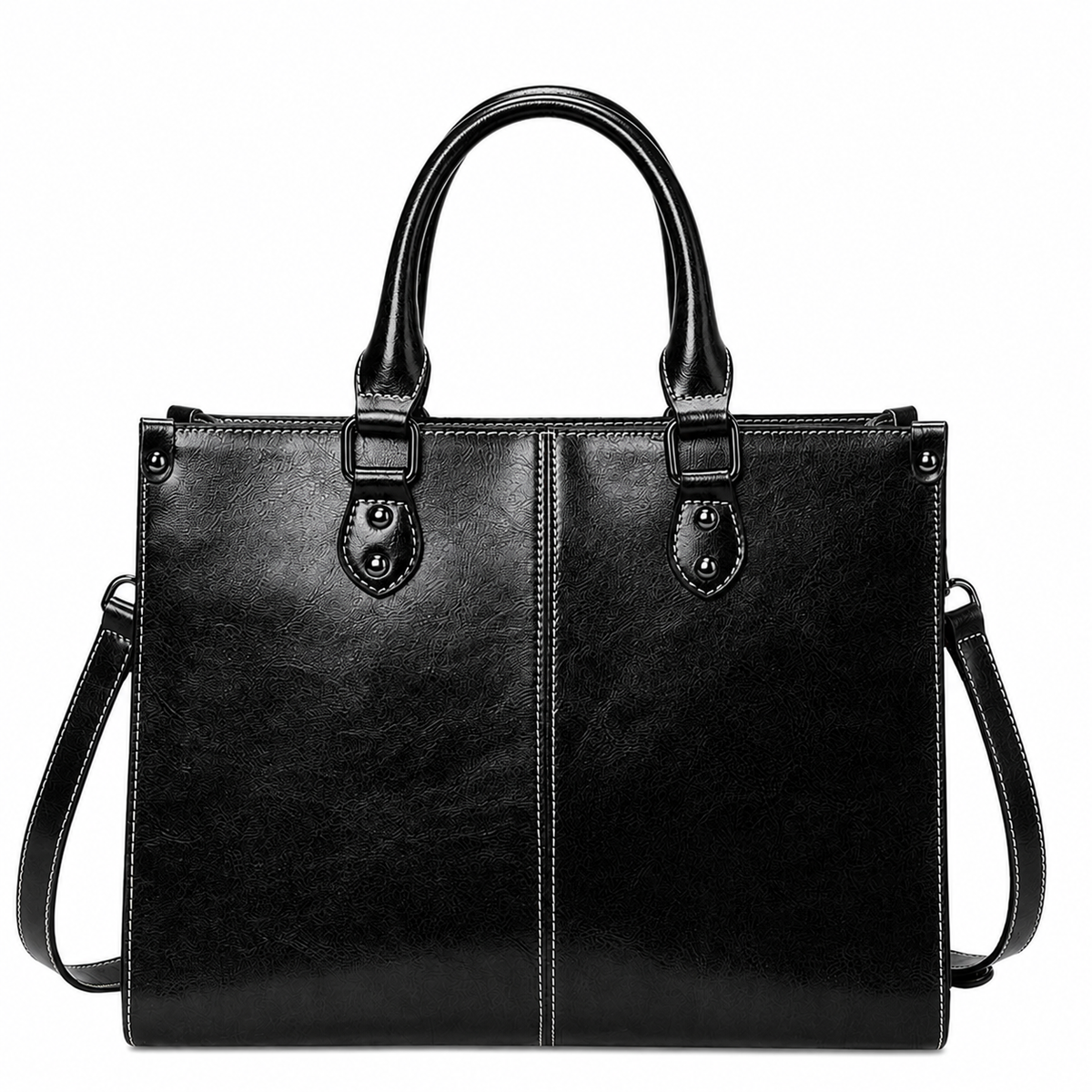 A black faux-leather handbag with dual top handles and a detachable shoulder strap, shown against a plain white background.