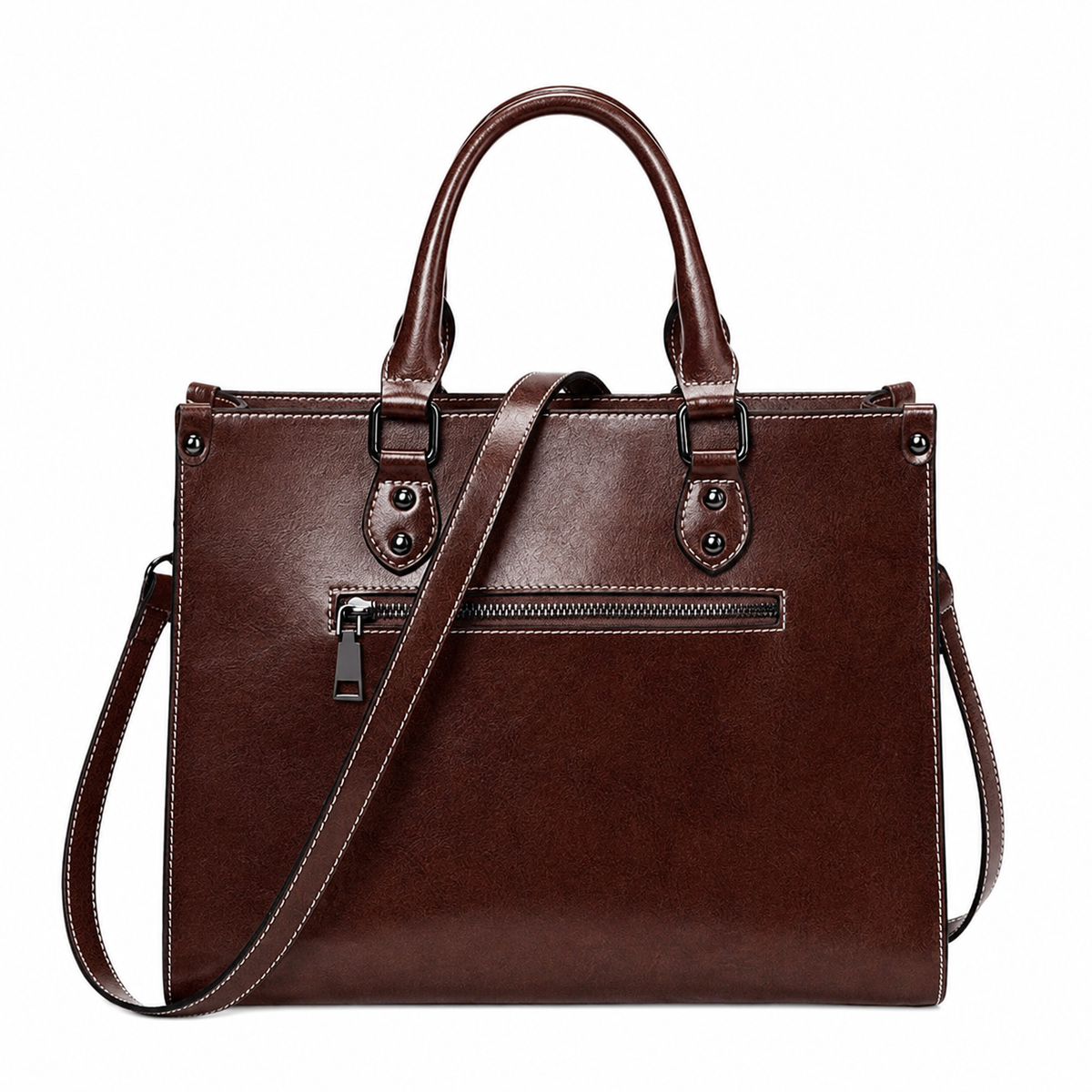 A dark brown faux-leather handbag with dual top handles, a detachable shoulder strap, a front zippered pocket, and silver-tone hardware, shown on a plain white background.