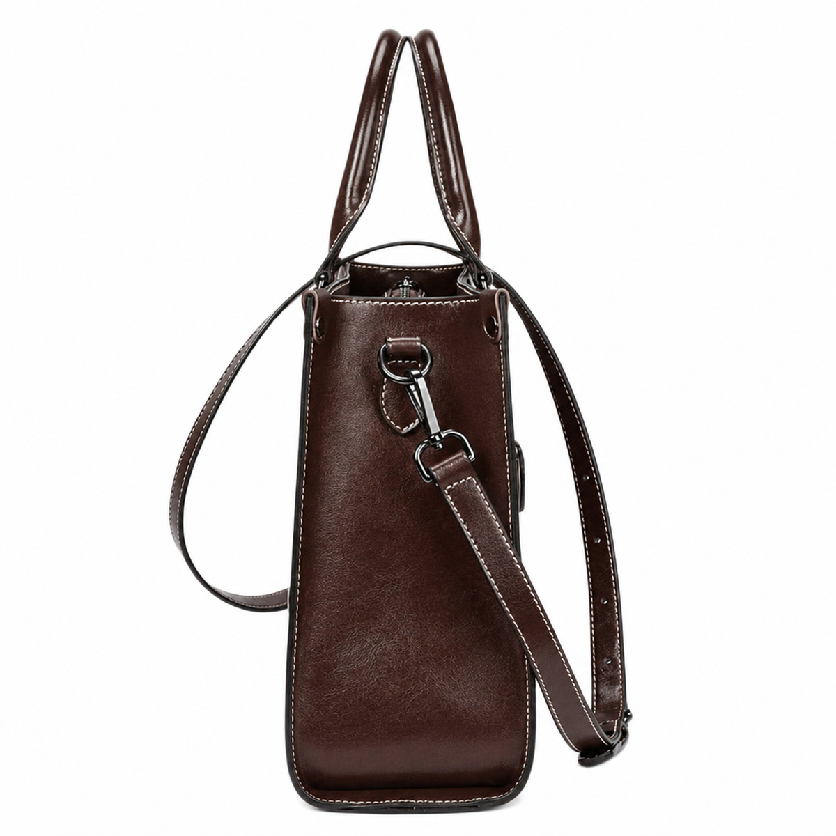 A dark brown leather shoulder bag with a top handle, adjustable shoulder strap, and silver-tone hardware, shown against a plain white background.