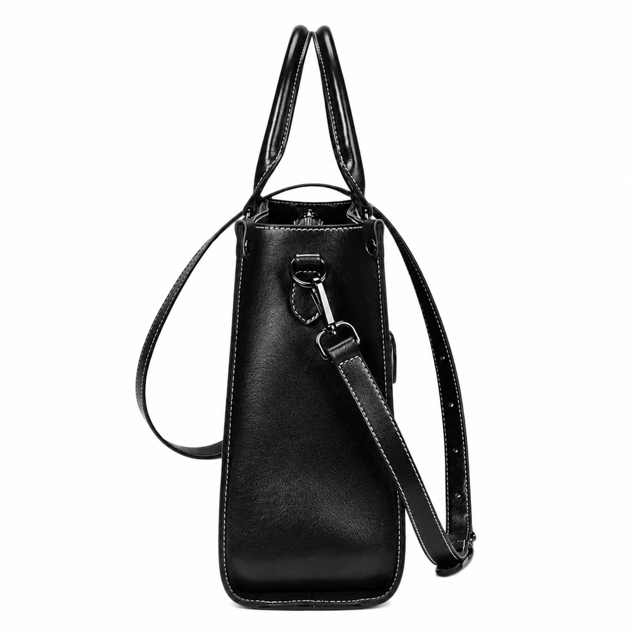 A black leather shoulder bag with dual top handles and a detachable shoulder strap, shown from the side against a plain white background.