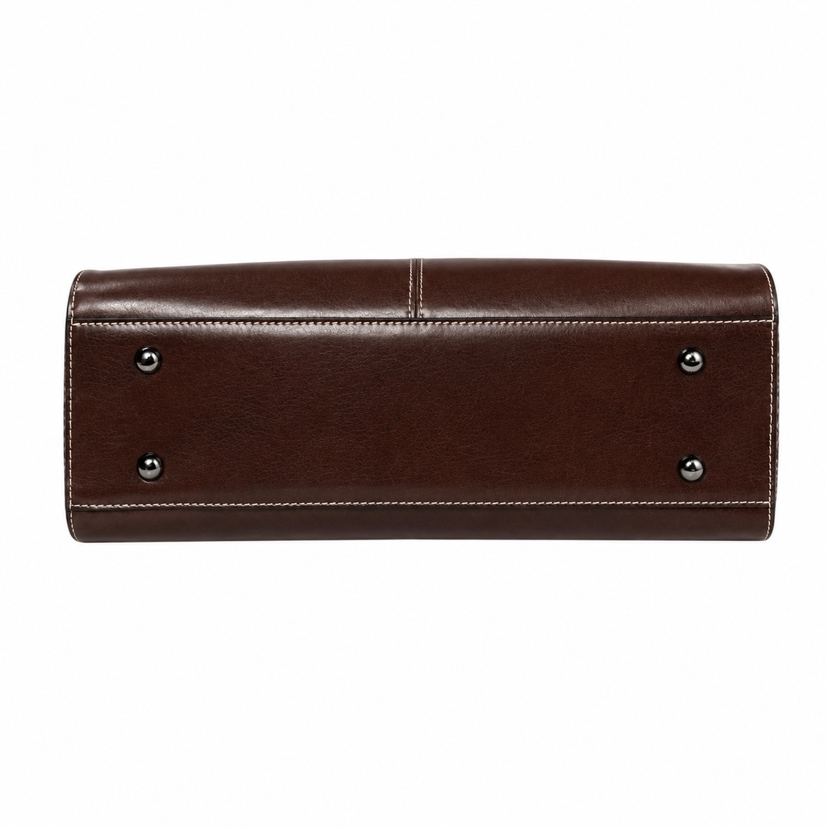 A dark brown leather clutch or wallet shown from the bottom edge, featuring a stitched seam down the center and four small silver metal studs on the front corners, set against a plain white background.