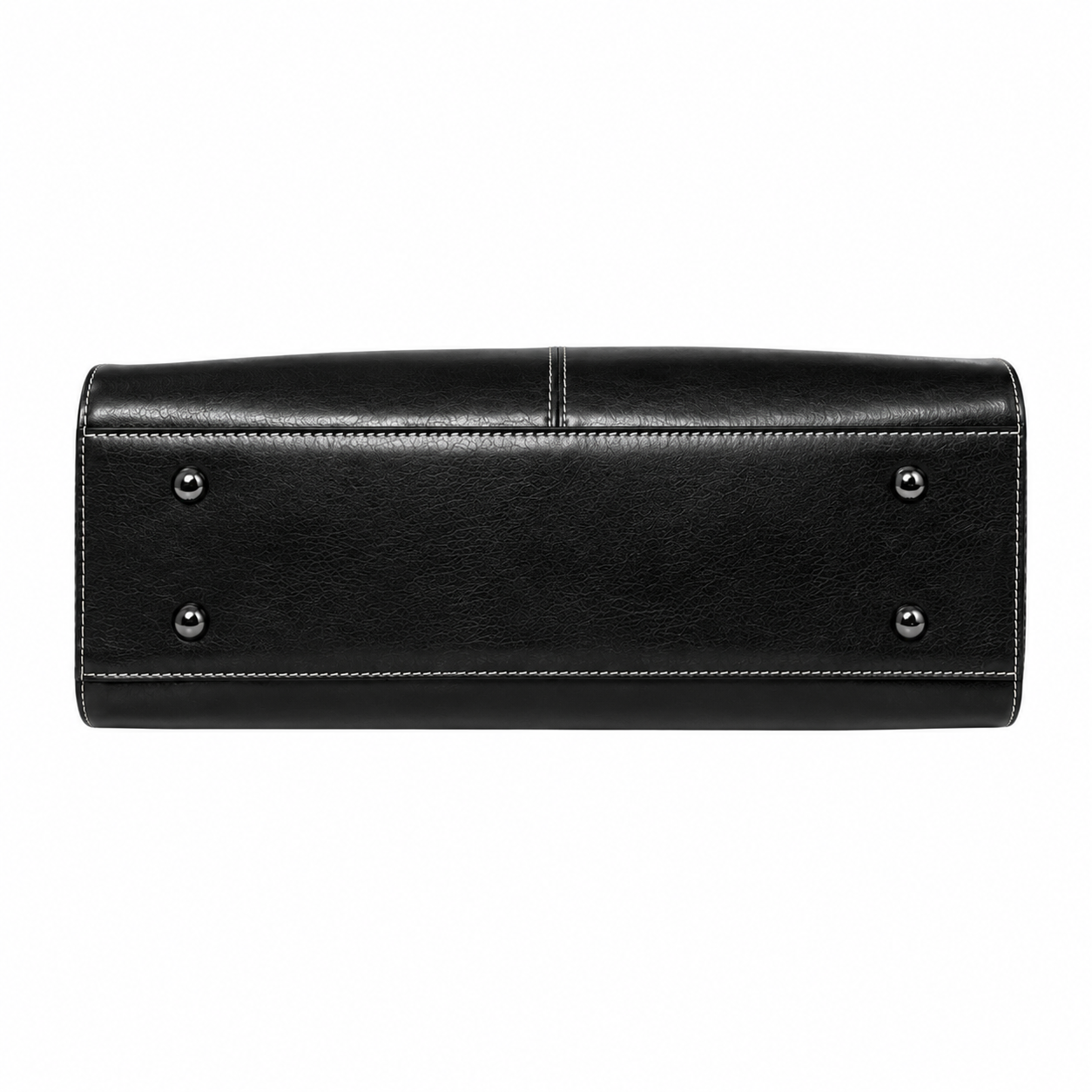 Black leather clutch bag with silver-tone metal studs and contrast stitching, shown from the back against a plain white background.