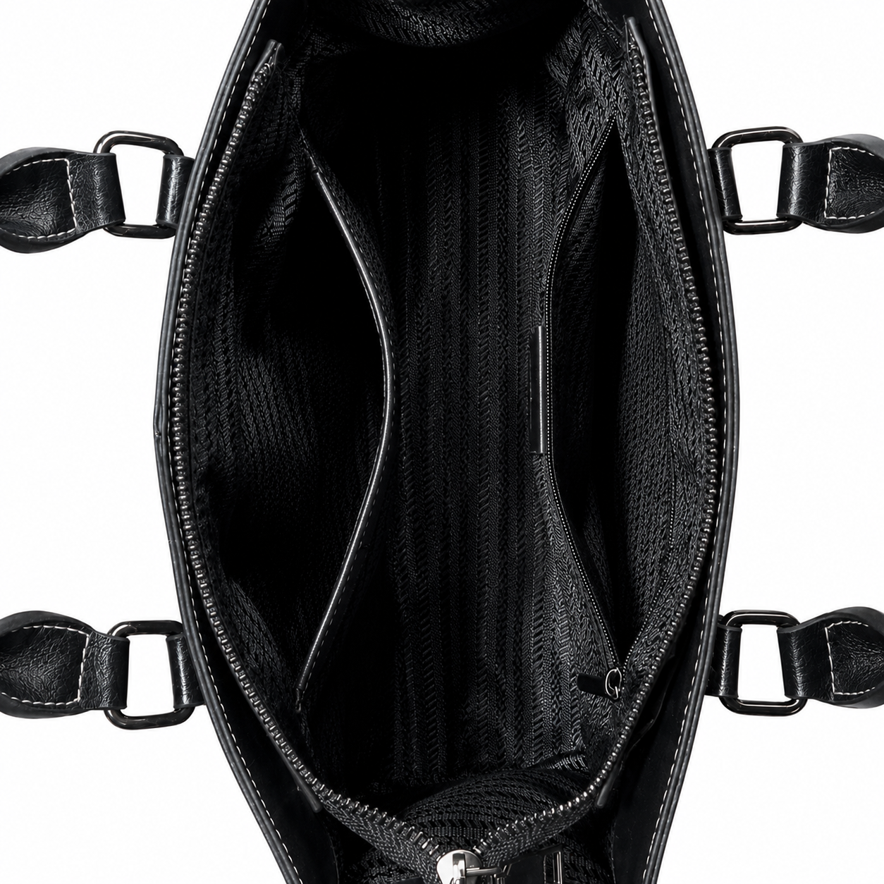 Top-down view of an open black handbag showing the interior lining, mesh pockets, zipper, and side strap attachments on a white background.