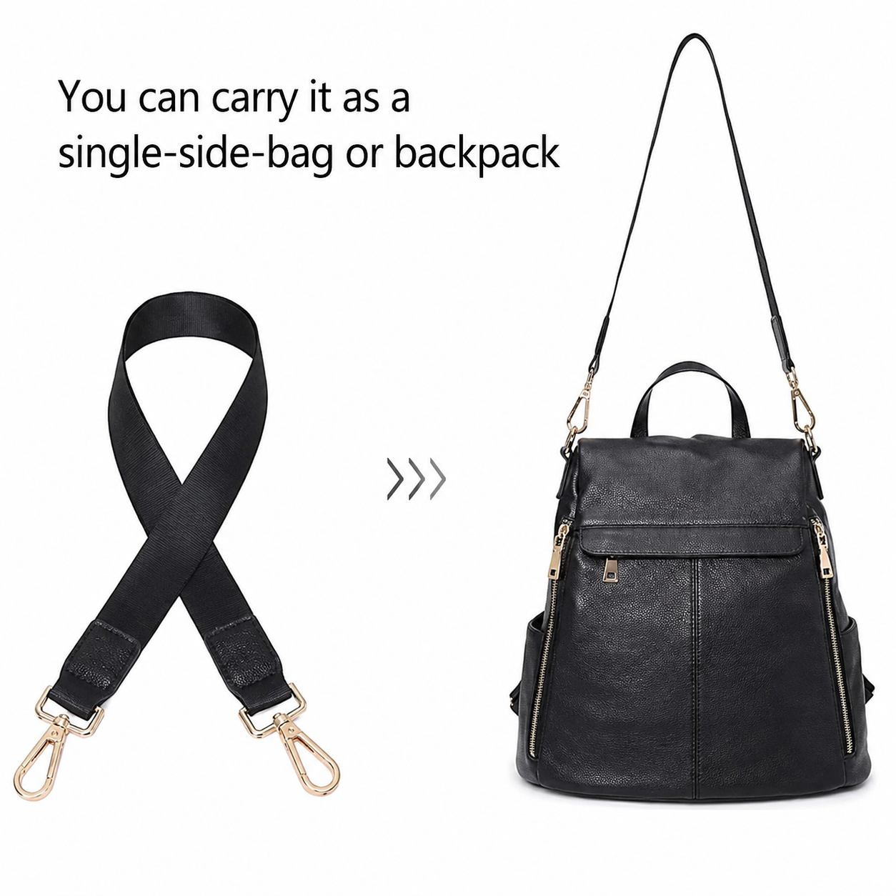 Black faux-leather backpack with top handles, front zip pocket, and side pockets, shown alongside a detachable black shoulder strap with gold-tone clips. Text on the image says it can be carried as a single-side bag or backpack.