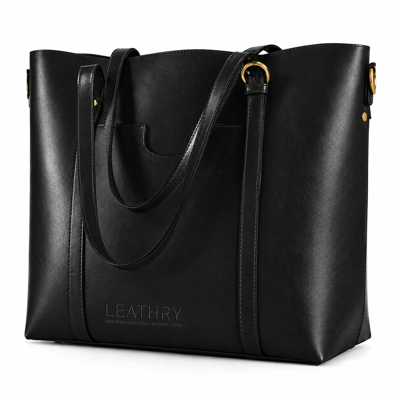 Black leather tote bag with gold accents on a white background