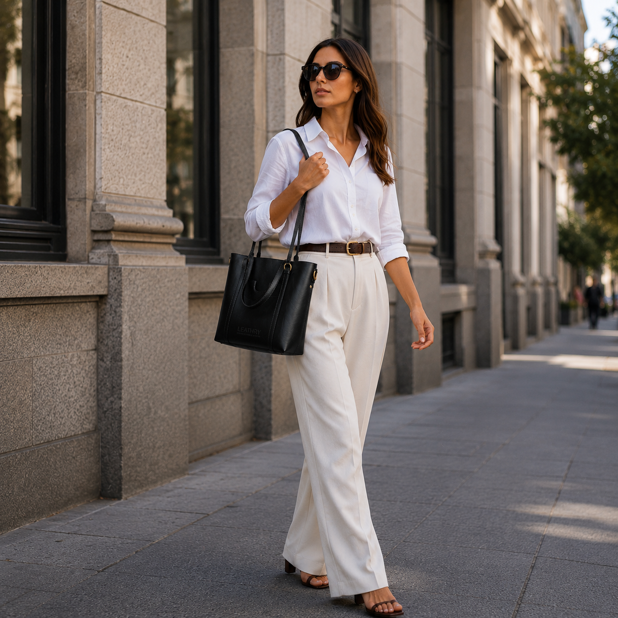 Woman in white shirt and beige pants walking on a city street.