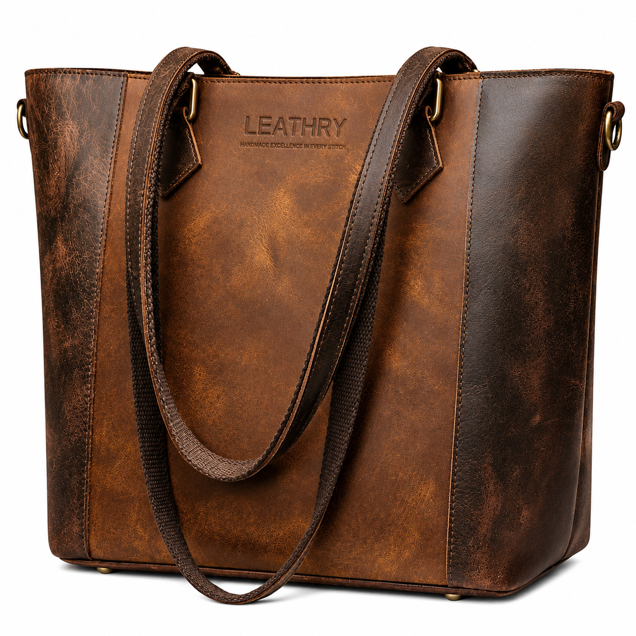 Brown leather tote bag with visible 'Leathry' branding on a white background