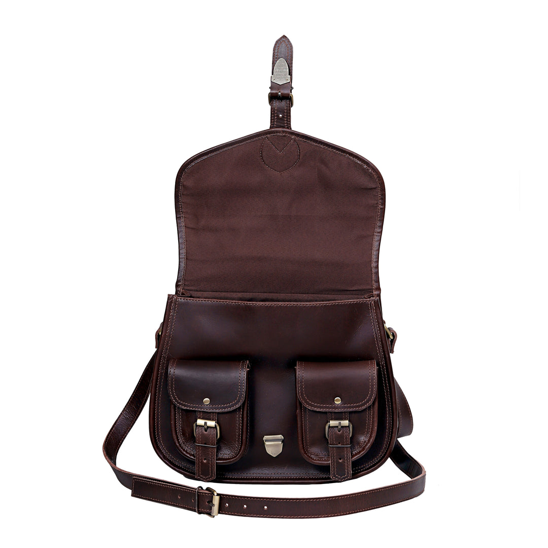 Brown leather backpack with straps on a white background