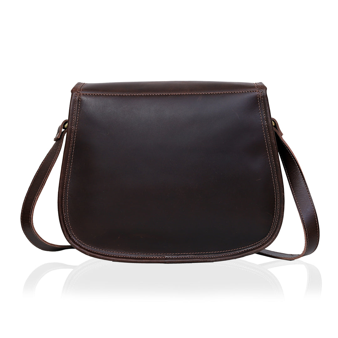 Brown leather shoulder bag on a white background