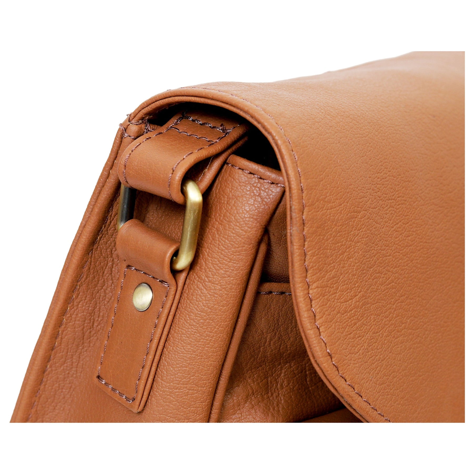 Close-up of a brown leather bag with gold hardware on a white background
