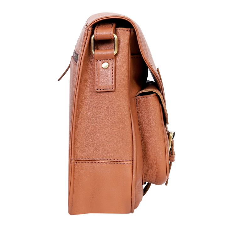 Brown leather bag with gold hardware on a white background