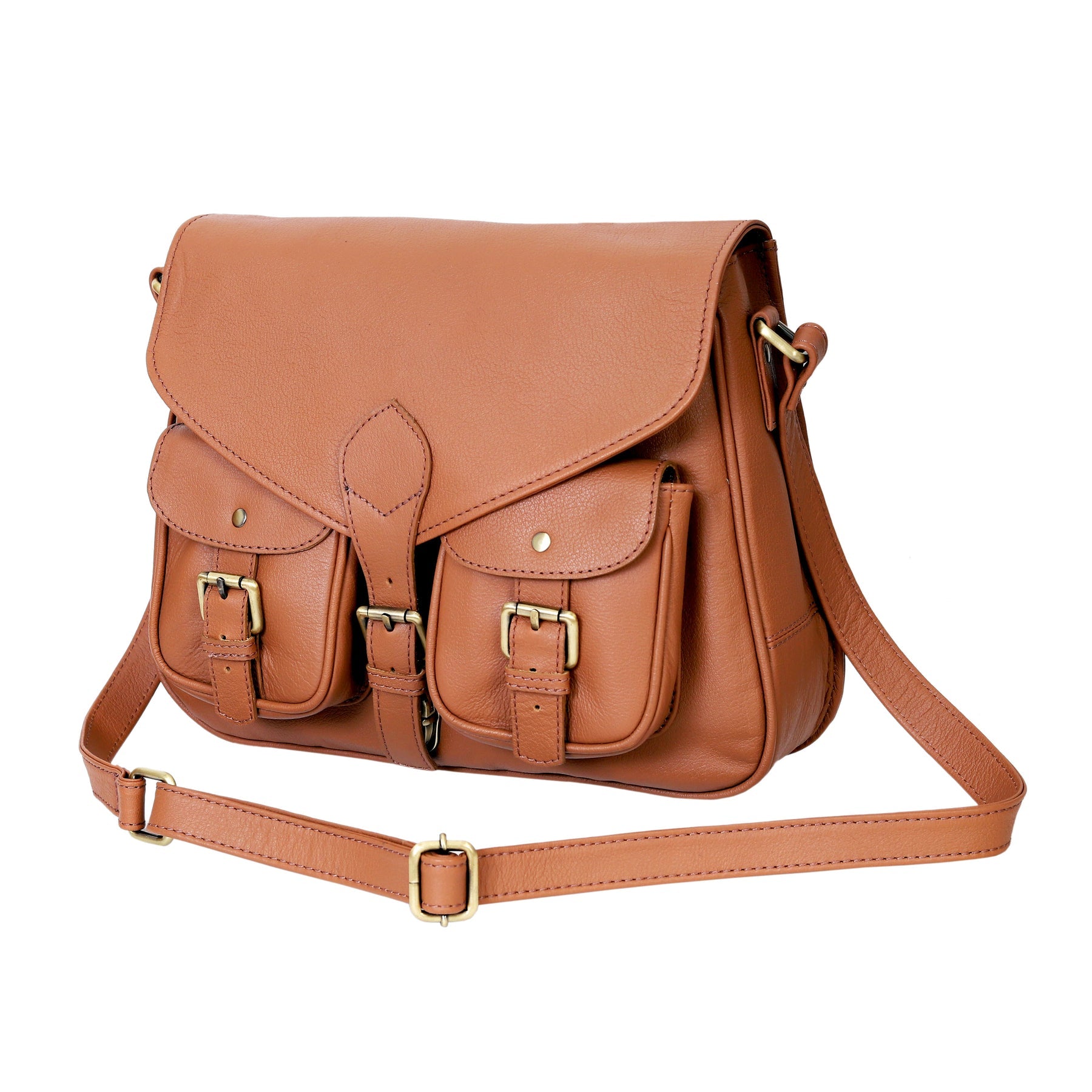 Brown leather satchel bag with gold buckles on a white background
