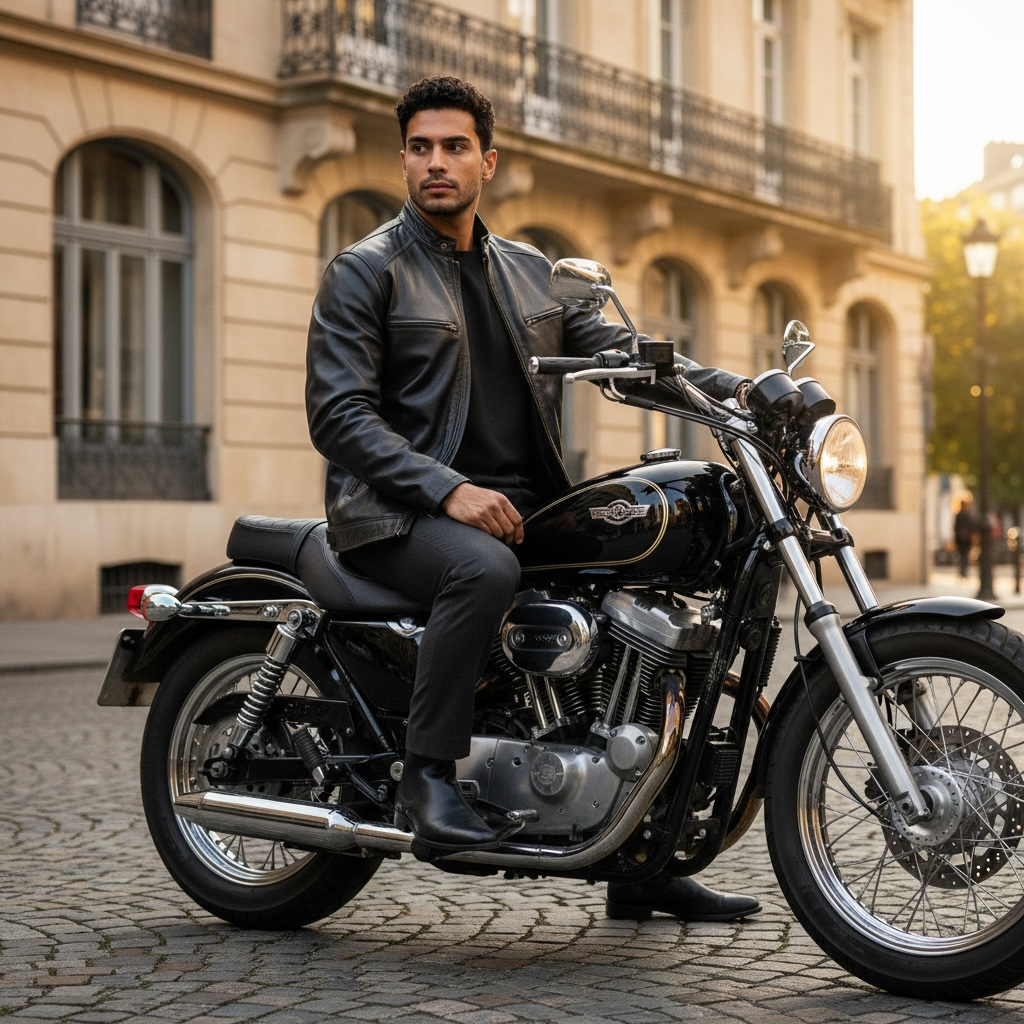 Man sitting on a motorcycle in an urban setting