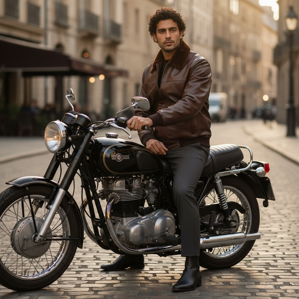 Man in a brown leather jacket sitting on a classic motorcycle in an urban setting
