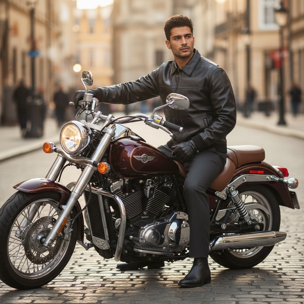 Man in a leather jacket sitting on a motorcycle in an urban setting