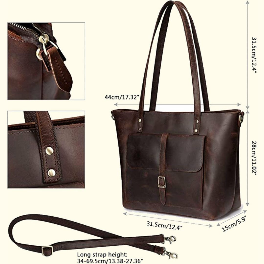 Brown leather handbag with measurements on a white background