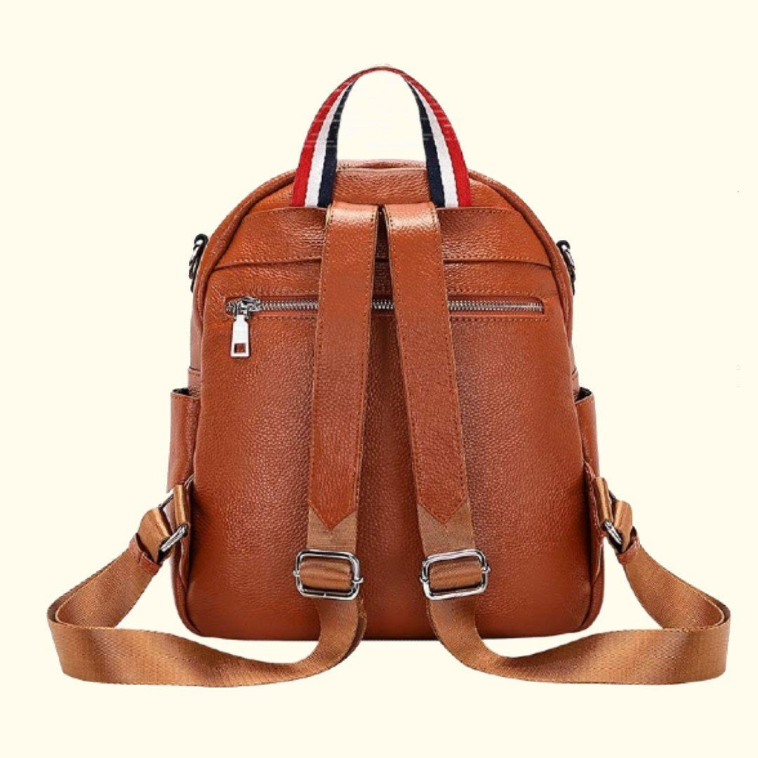 Brown leather backpack with visible zippers on a white background