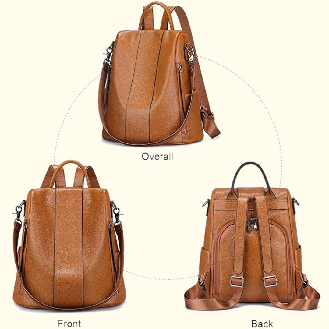 Brown leather backpack shown from front, back, and overall angles on a white background.