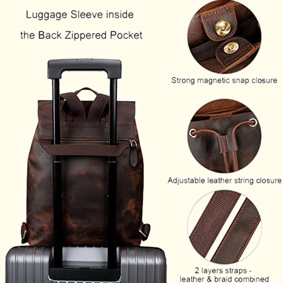 Brown leather luggage sleeve with features highlighted on a white background