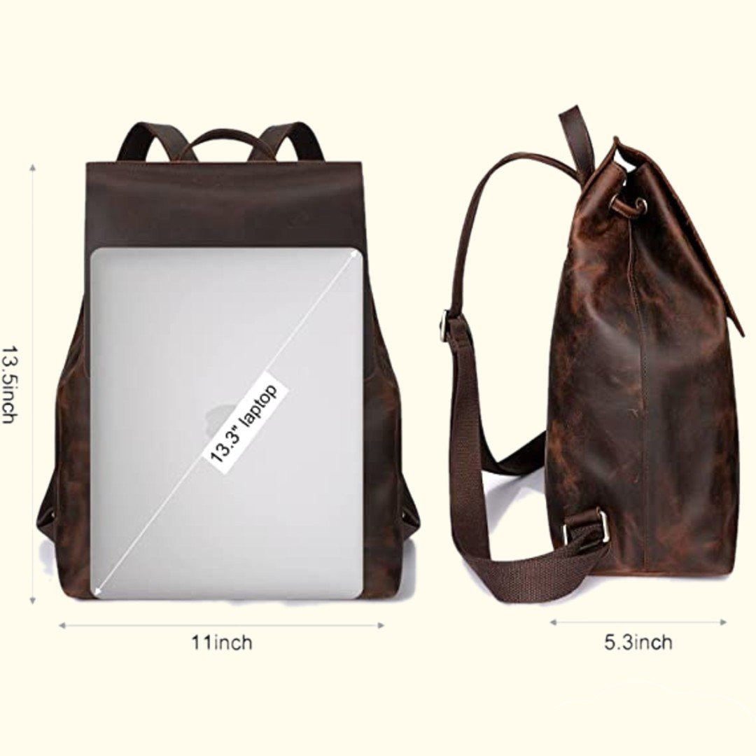 Brown leather backpack with dimensions indicated on a white background