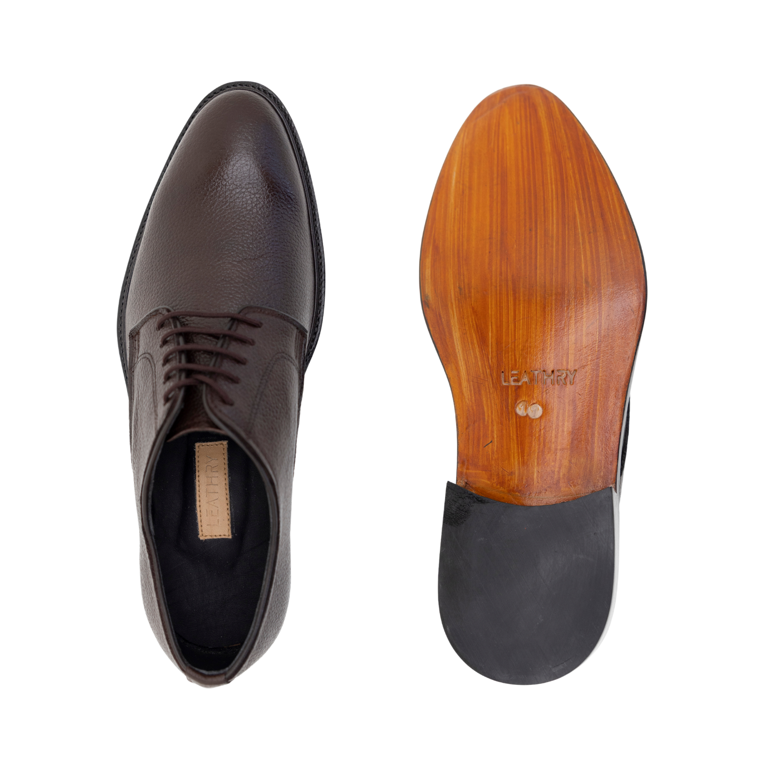Brown leather dress shoe with wooden sole on a white background