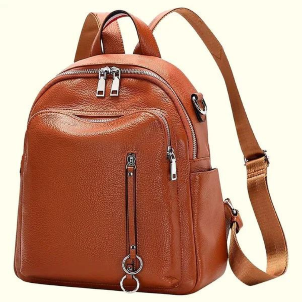 Brown leather backpack with multiple zippers on a white background