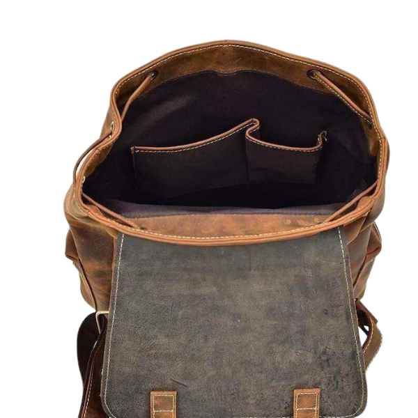 Brown leather backpack with open front pocket on a white background