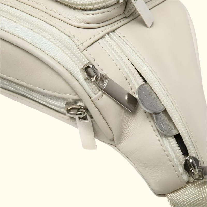 Close-up of a white leather handbag with zippers on a white background