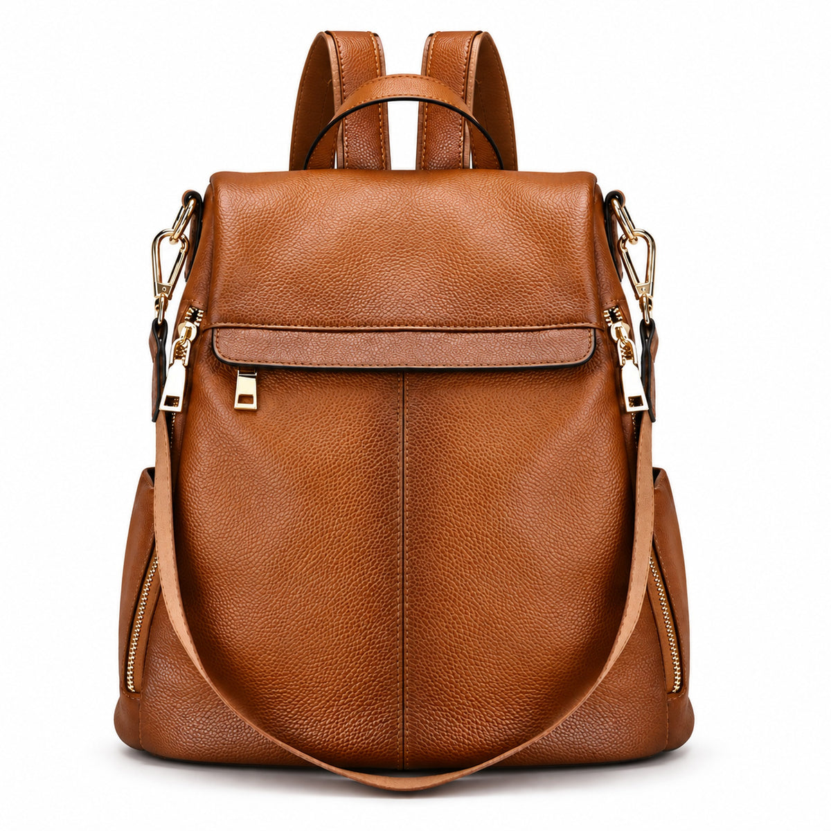 The Lila pebbled leather shoulder bag in cognac, front view
