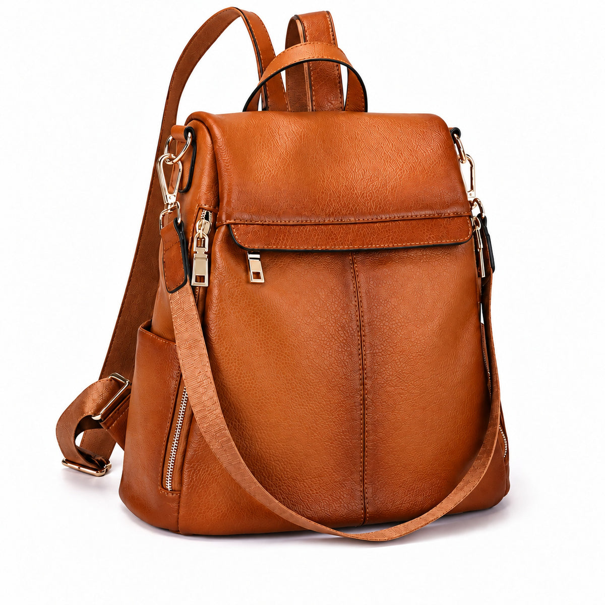 The Lila pebbled leather shoulder bag in cognac, three-quarter view