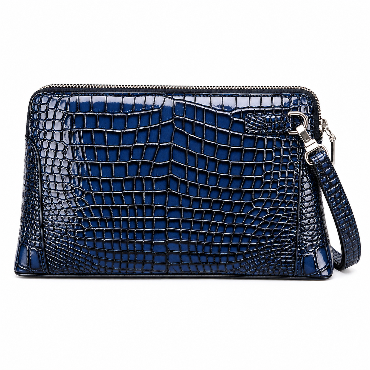 A navy blue crocodile-embossed leather clutch bag with a wristlet strap and silver-tone hardware, shown on a plain white background.