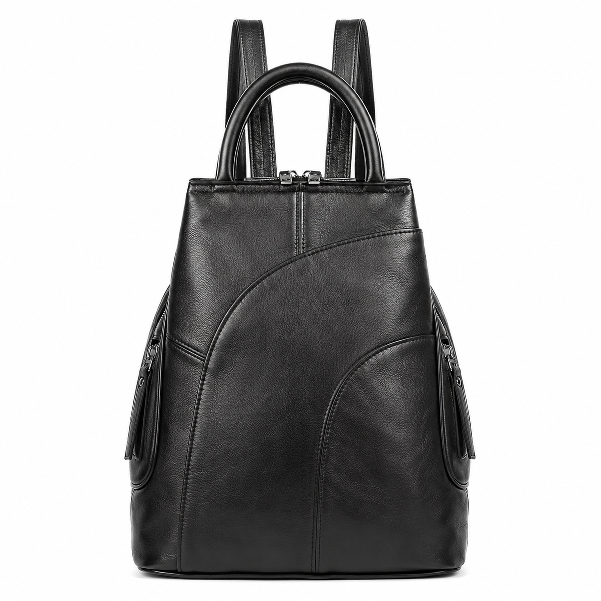 A black cowhide-leather backpack with dual top handles, side zipper pockets, and tassel details, shown against a plain white background.