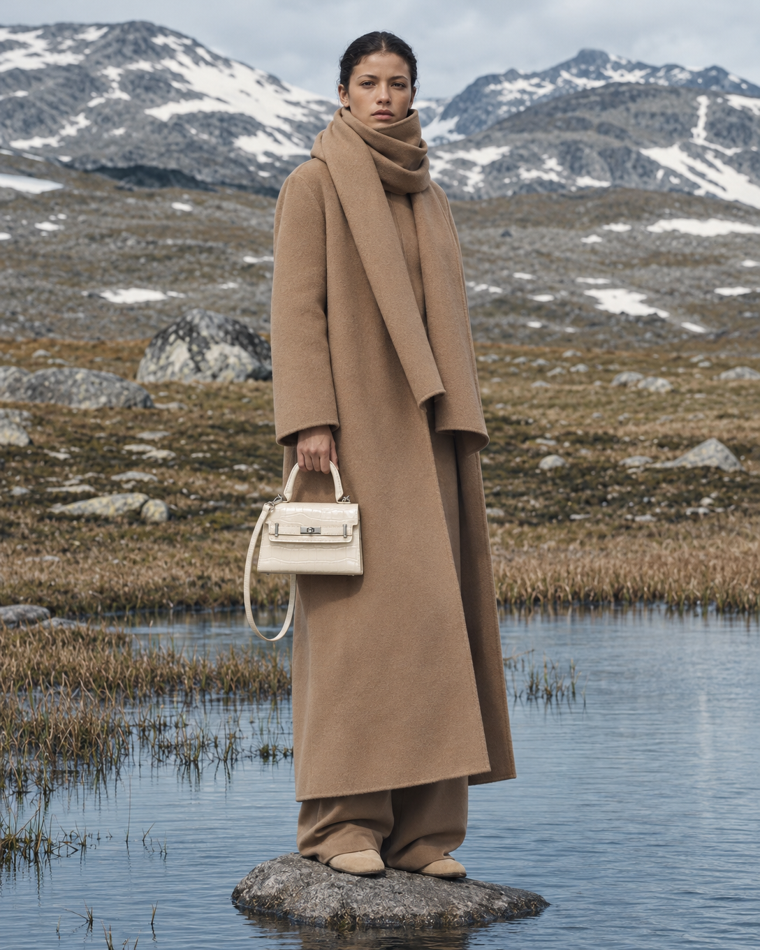 The Fiorella crocodile-embossed handbag, carried by a model